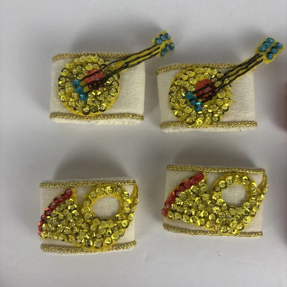 Vintage Homemade Christmas Napkin Rings Set of 8 Musical Instruments Sequins